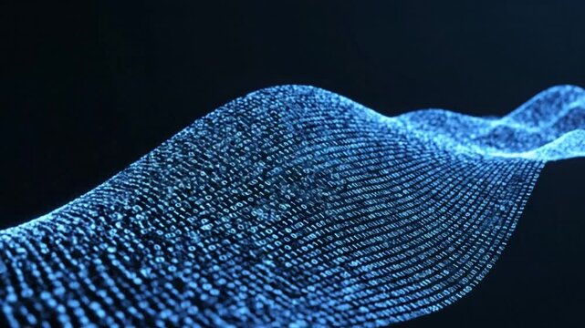 Luminous cyan ethereal surge with complex electronic information flow moving gracefully across obsidian backdrop highlighting binary cipher matrix and sophisticated technological surface.