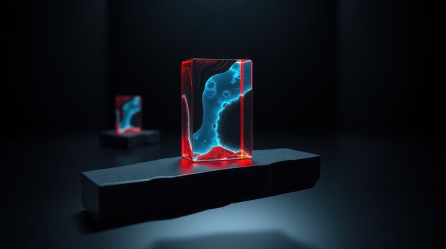 Glowing cubes display abstract blue forms within red frames. Dark background emphasizes luminescence, creating futuristic aesthetic.