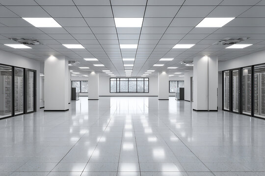 A spacious, bright, and sterile interior of a modern server room, showcasing rows of equipment and a reflective floor