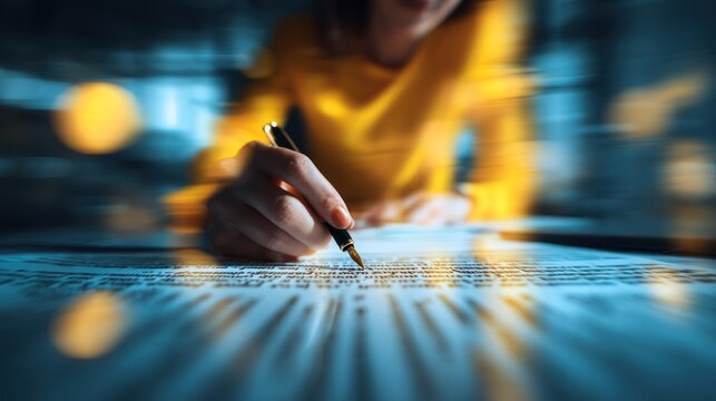 Woman writing with pen on transparent