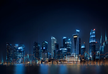 Fototapeta premium A luminous skyline at night, with towering skyscrapers reflecting in the water, superimposed with financial data charts
