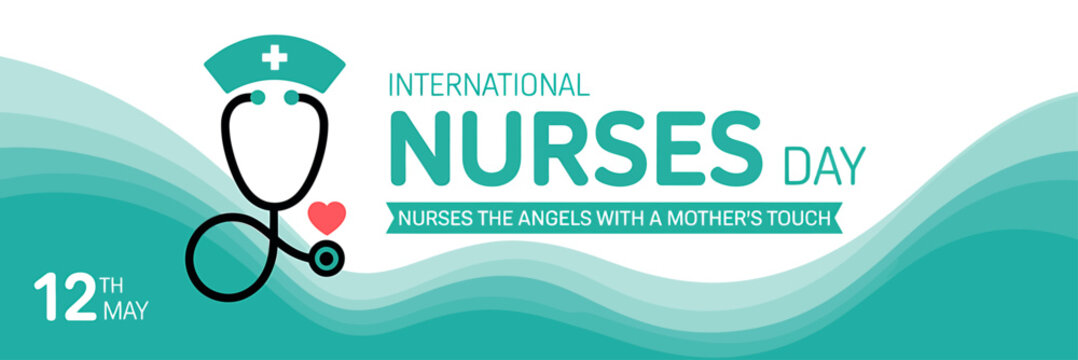 International Nurses Day celebration with stethoscope and heart on wavy green background