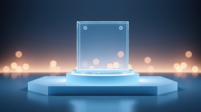 Empty glass trophy stands on hexagonal pedestal. Blue lighting creates futuristic display. Bokeh lights add depth, focus is object.