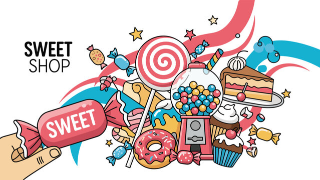 Assorted colorful candies and sweet treats featuring a gumball machine, lollipop, chocolate cake, donuts, and cupcakes.