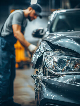 Professional mechanic inspecting and repairing a severely damaged front section of a dark colored car in an auto repair shop with focused attention and care