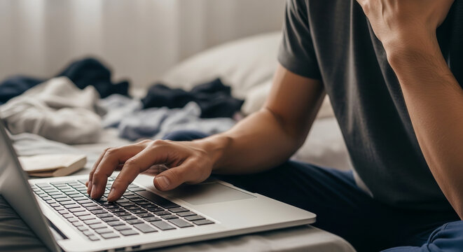 A person's hands typing on a laptop keyboard while sitting on a bed with clothes scattered in the background.