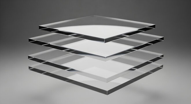 A stack of four transparent acrylic sheets, each with a subtle grid pattern, casting shadows on a gradient gray background.
