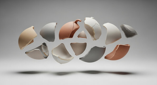 A collection of disassembled bra cups in various neutral tones, artfully arranged and floating against a seamless grey background.