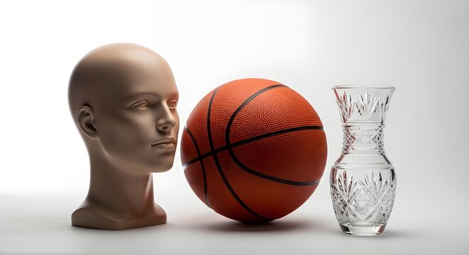 A mannequin head, a basketball, and a crystal vase, white background, softbox lighting.