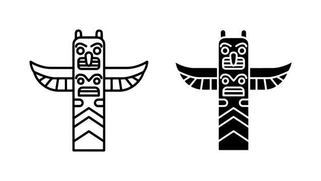 Native American Totem Pole Line and Silhouette Icons