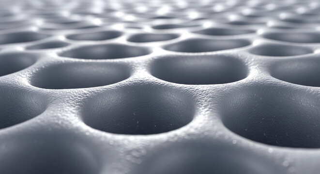Close-up macro shot of a textured grey surface with a repeating pattern of concave circular indentations, creating a honeycomb-like structure.