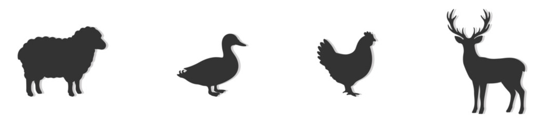 Obraz premium Farm Animals and Wildlife Silhouette Vector Set, Side Elevation Solid Black Livestock Figures for Landscape Analysis, Rural Site Mapping, and Minimalist Graphic Design