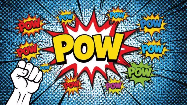 Dynamic Comic Book Style Exploding POW Burst with a Fist Symbolizing Power and Action