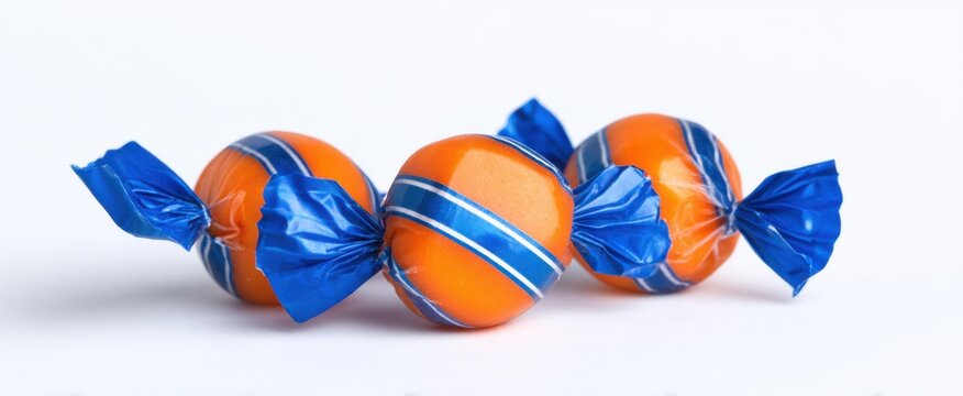 Delightful blue and orange candy in wrapper evokes festive joy on a white background