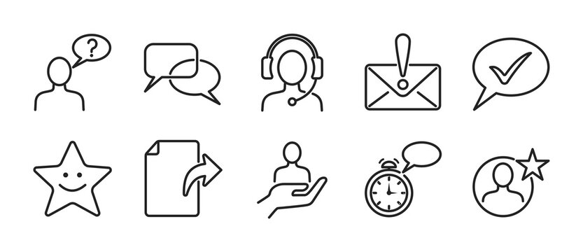 Customer Support Experience Line Vector Icons Set &ndash; Minimalist outline style for Inquiry, Live Chat, Support Agent, Problem Reporting, Solution, Satisfaction, Feedback, Help, Response, Rating