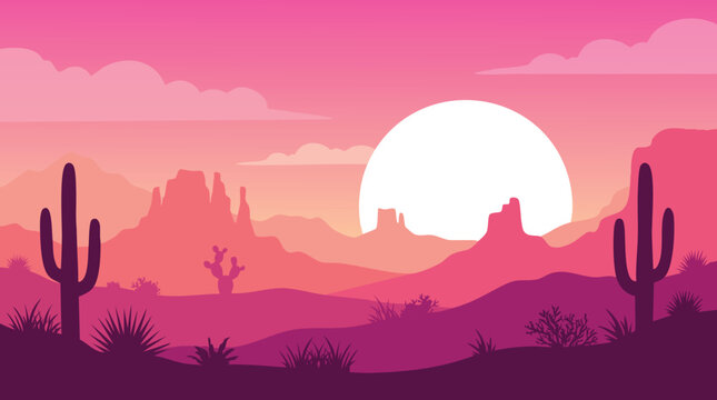 Desert landscape with saguaro cacti silhouetted against a vibrant sunset.