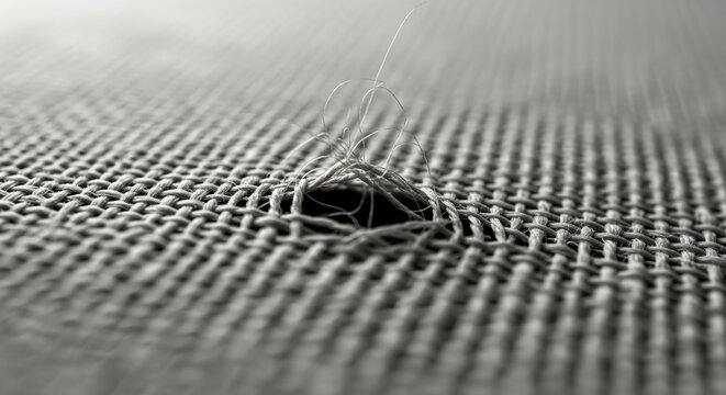 Extreme close-up macro photograph of a small hole in a woven fabric, showing frayed threads and the intricate texture of the material.