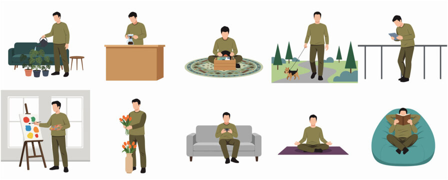 Flat Style Collection of Man Doing Different Hobbies and Activities Illustration