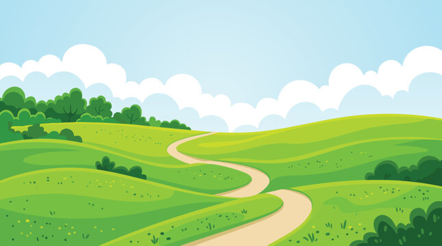 A winding dirt path leads through lush green rolling hills under a blue sky.