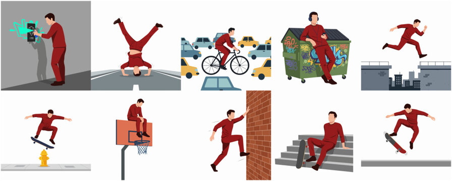 Flat Style Action Man in Cityscape Activity Illustration Set