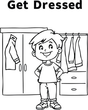 Kids Coloring Page A young boy standing in front of a wardrobe getting dressed for the day Line Art Illustration