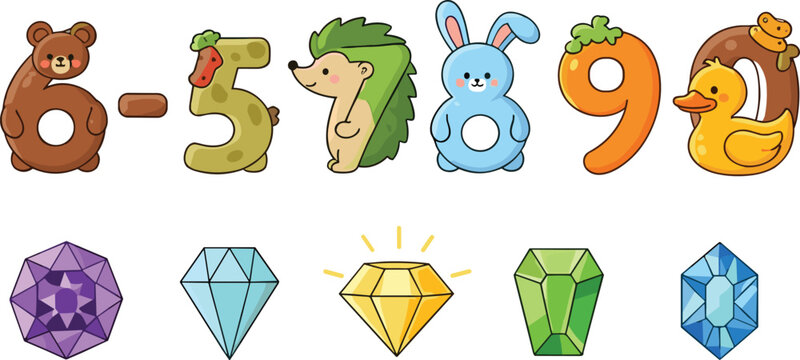 Cute animal number characters set with colorful gemstones, cartoon style educational illustration for kids learning numbers, playful vector collection for nursery and preschool design