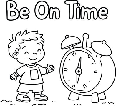 Kids Coloring Page A young boy standing next to an alarm clock with a reminder to be on time Line Art Illustration