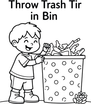 Kids Coloring Page A young boy throwing trash into a bin with a smile on his face Line Art Illustration