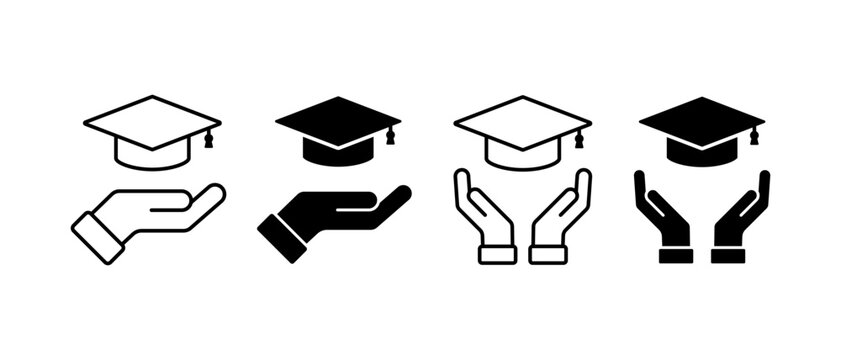 Hand Holding Academic graduation cap icon set vector. Mortarboard university, college education symbol