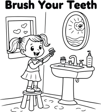 Kids Coloring Page A young girl brushing her teeth in a bathroom with a big smile on her face Line Art Illustration