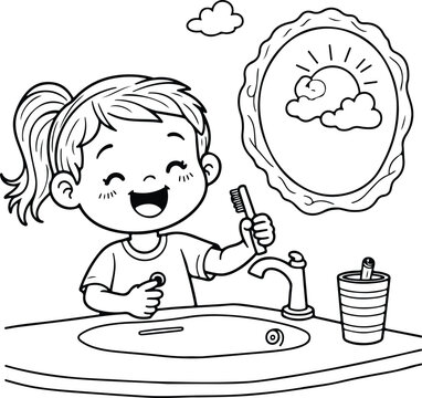 Kids Coloring Page A young girl brushing her teeth in a bathroom sink with a big smile on her face Line Art Illustration