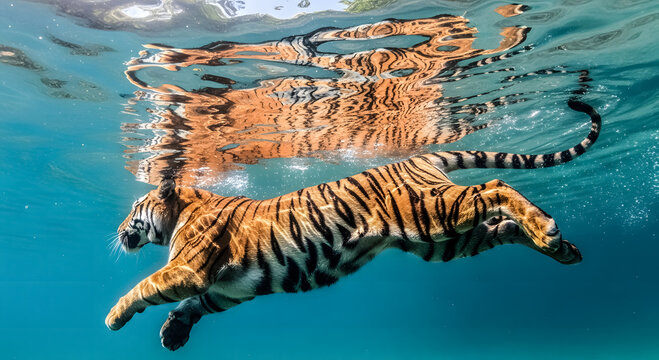 A tiger swims underwater with its reflection visible on the surface