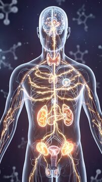 Endocrine system animation 3d concept human body anatomy medical illustration showing gland and nerve network with glowing organ and hormone inside transparent figure for medical education and science