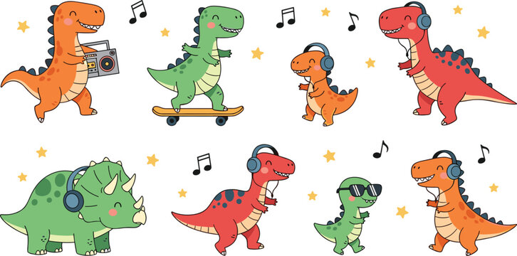 Cartoon Music-Loving Dinosaurs Icon Set Featuring Dinosaurs with Headphones, Skateboards, and Boomboxes for Fun and Playful Designs