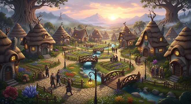 Fantasy village with thatched roof houses and bridges at sunset