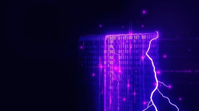 Digital rain, binary code streams. Bright purple lightning bolt cuts through dark background. Futuristic, vibrant display.