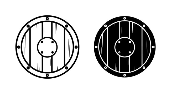 Viking wooden shield icons in black and white line art