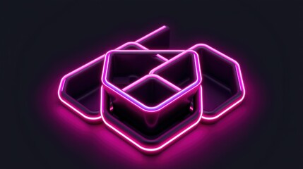 Fototapeta premium Neon hexagons stacked, glowing pink lines define geometric shapes. Dark background emphasizes vibrant illumination, modern design.