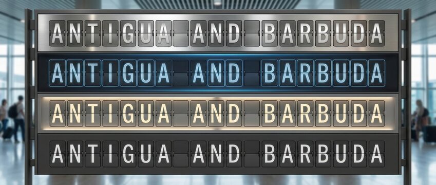 antigua and barbuda airport split flap display title set with the word antigua and barbuda spelled across flipboard tiles includes four different board styles