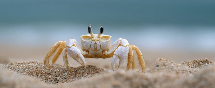 Lone ghost crab raising its striking white claw on a sandy shore backdrop