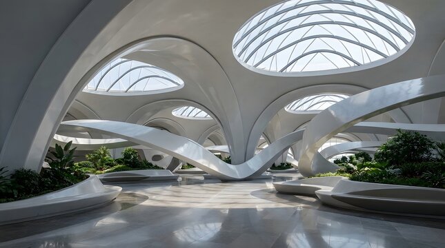 Futuristic white architectural structures feature flowing organic shapes with integrated smooth seating areas designed for a modern sustainable urban environment space.