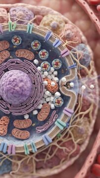 Cell biology organelle membrane cytoplasm nucleus glucose metabolism process with mitochondrion, insulin hormone pancreas release bloodstream, blood vessel red and white blood cell scene