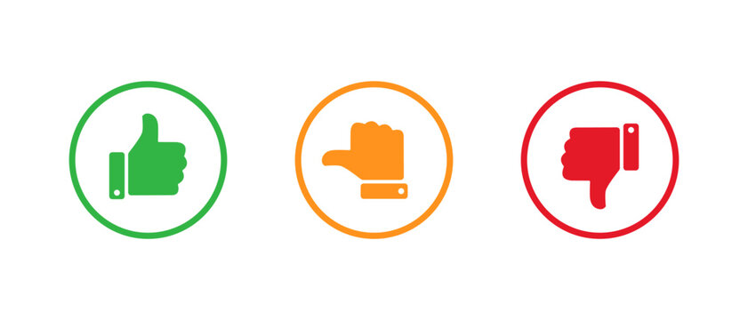 Like, neutral, and dislike icon in circular outline. Thumbs up, sideways, and down symbol