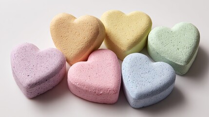 Obraz premium On a solid white surface, seven heart shaped items are casually grouped. the items are colored in delicate hues of pink, yellow, green, and blue.