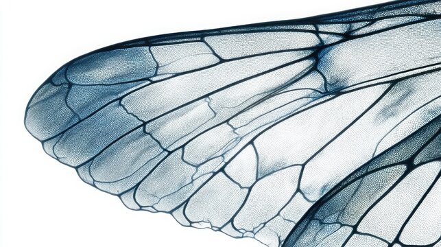 Extreme close up of butterfly wing showing internal skeleton vein structure, translucent delicate geometry, isolated on white background, ultra