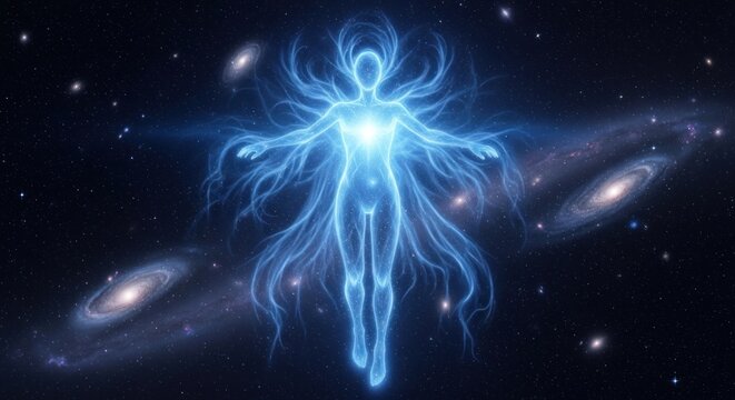 Glowing cosmic entity floating in space with distant galaxies