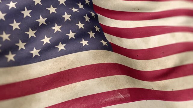 A United States of America flag, made of old cloth, dirty and stained, flutters in the wind. A Worn American Flag Waves In The Breeze.