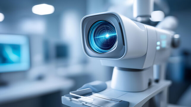 Advanced retinal camera capturing a high-resolution fundus photograph in an ophthalmology clinic, diagnostic imaging and eye health concept, defocused background, with copy space