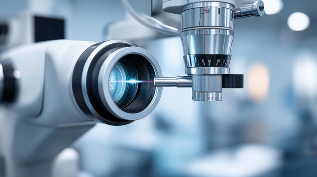 Advanced retinal camera capturing a high-resolution fundus photograph in an ophthalmology clinic, diagnostic imaging and eye health concept, defocused background, with copy space