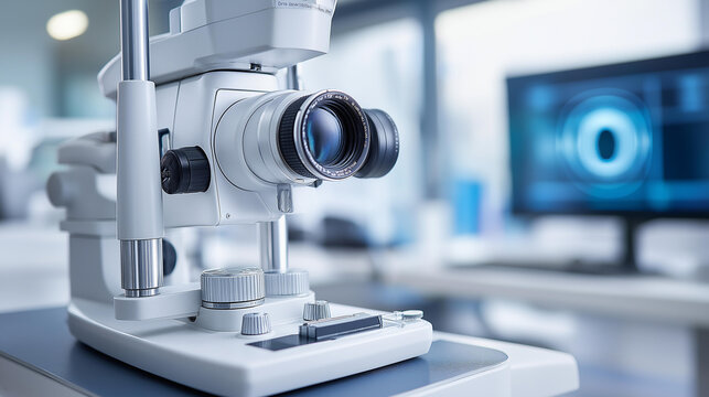 Advanced retinal camera capturing a high-resolution fundus photograph in an ophthalmology clinic, diagnostic imaging and eye health concept, defocused background, with copy space